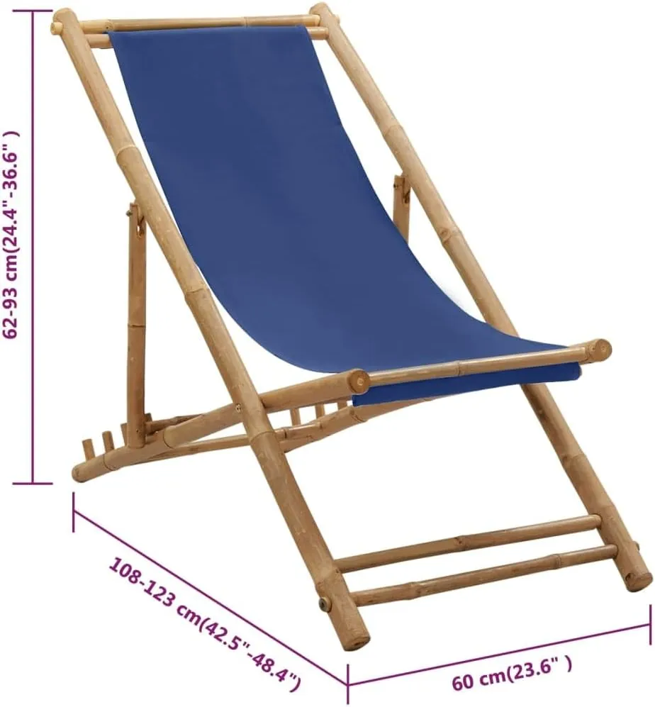 Navy Blue Bamboo Canvas Foldable Deck Chair Adjustable 4-Position Recliner for Outdoor Patio Beach Camping Comfortable Sun Lounger Furniture