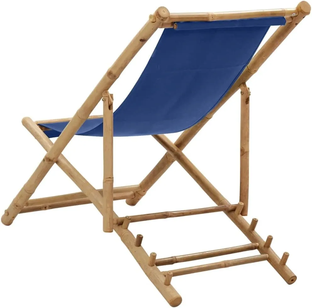 Navy Blue Bamboo Canvas Foldable Deck Chair Adjustable 4-Position Recliner for Outdoor Patio Beach Camping Comfortable Sun Lounger Furniture