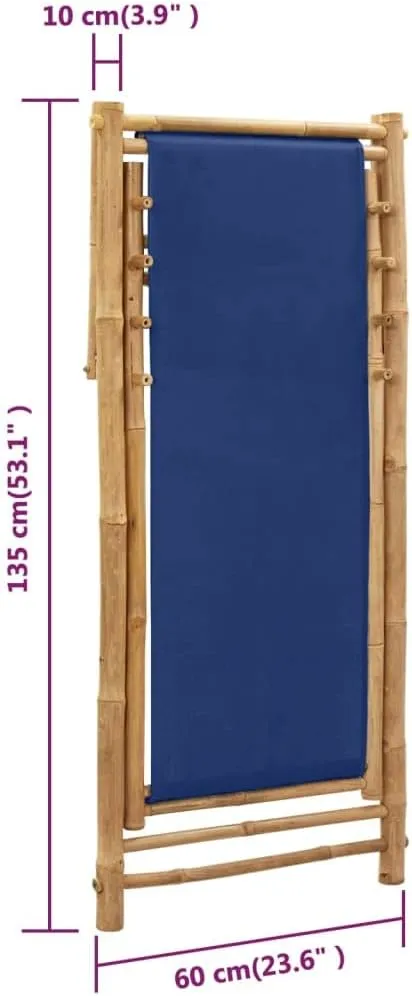 Navy Blue Bamboo Canvas Foldable Deck Chair Adjustable 4-Position Recliner for Outdoor Patio Beach Camping Comfortable Sun Lounger Furniture