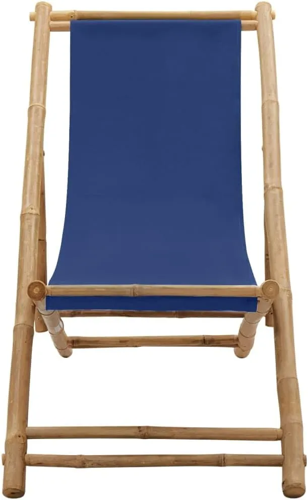 Navy Blue Bamboo Canvas Foldable Deck Chair Adjustable 4-Position Recliner for Outdoor Patio Beach Camping Comfortable Sun Lounger Furniture