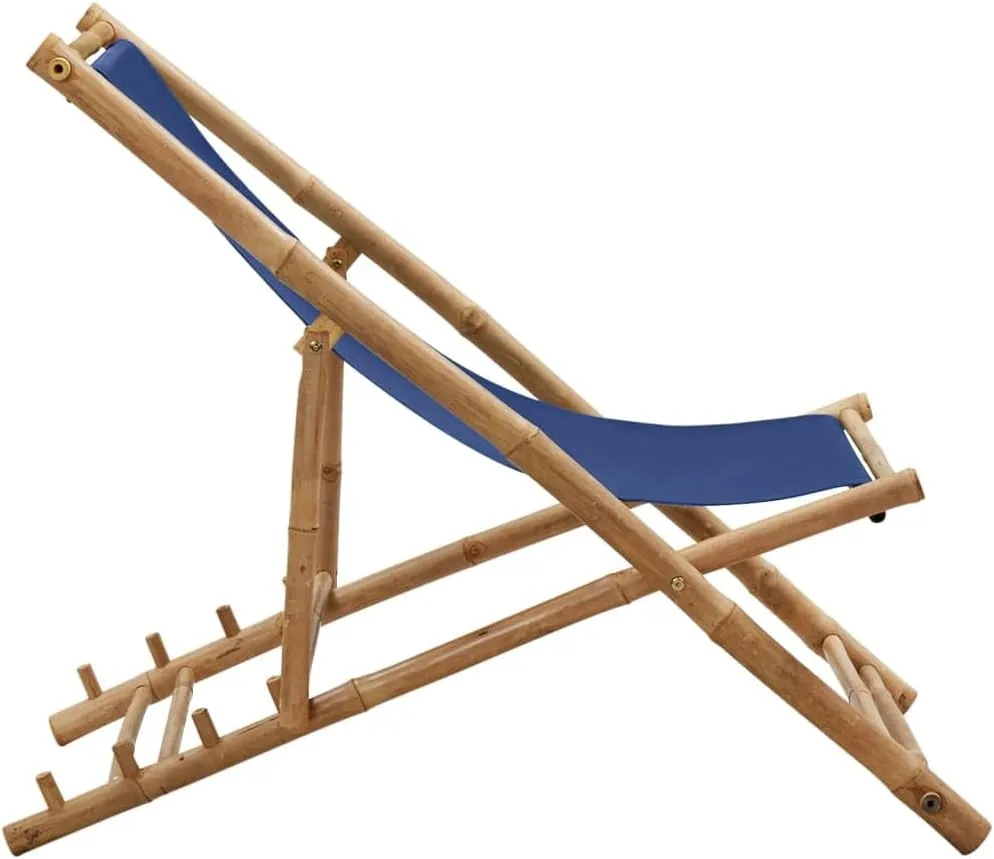 Navy Blue Bamboo Canvas Foldable Deck Chair Adjustable 4-Position Recliner for Outdoor Patio Beach Camping Comfortable Sun Lounger Furniture