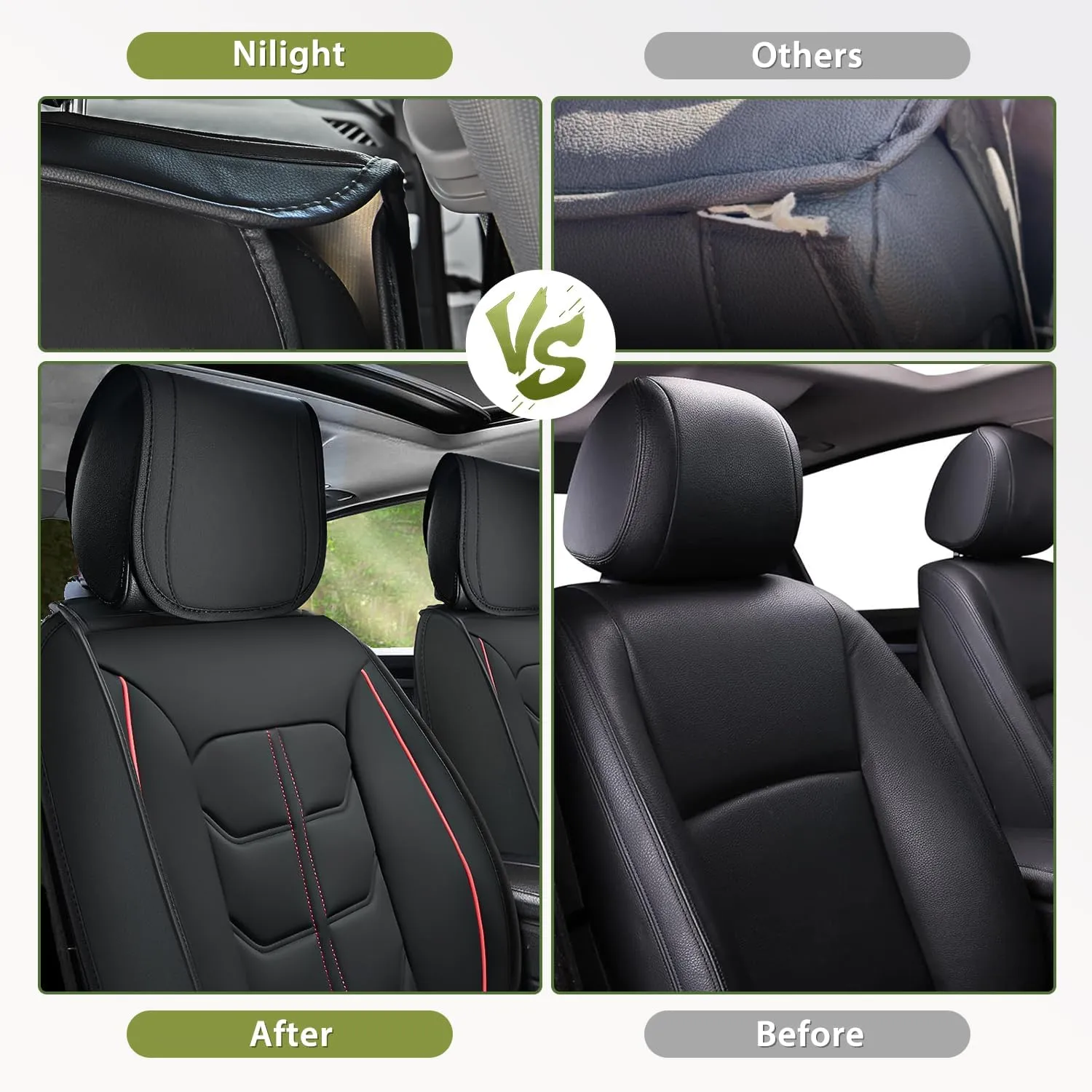 Nilight Car Seat Covers Custom Fit 2007-2024 Jeep Wrangler JK JL 4-Door Waterproof Leather Cushion Full Set with Split Bench 40/60 for Unlimited Sahara Rubicon Willys Chief Moab