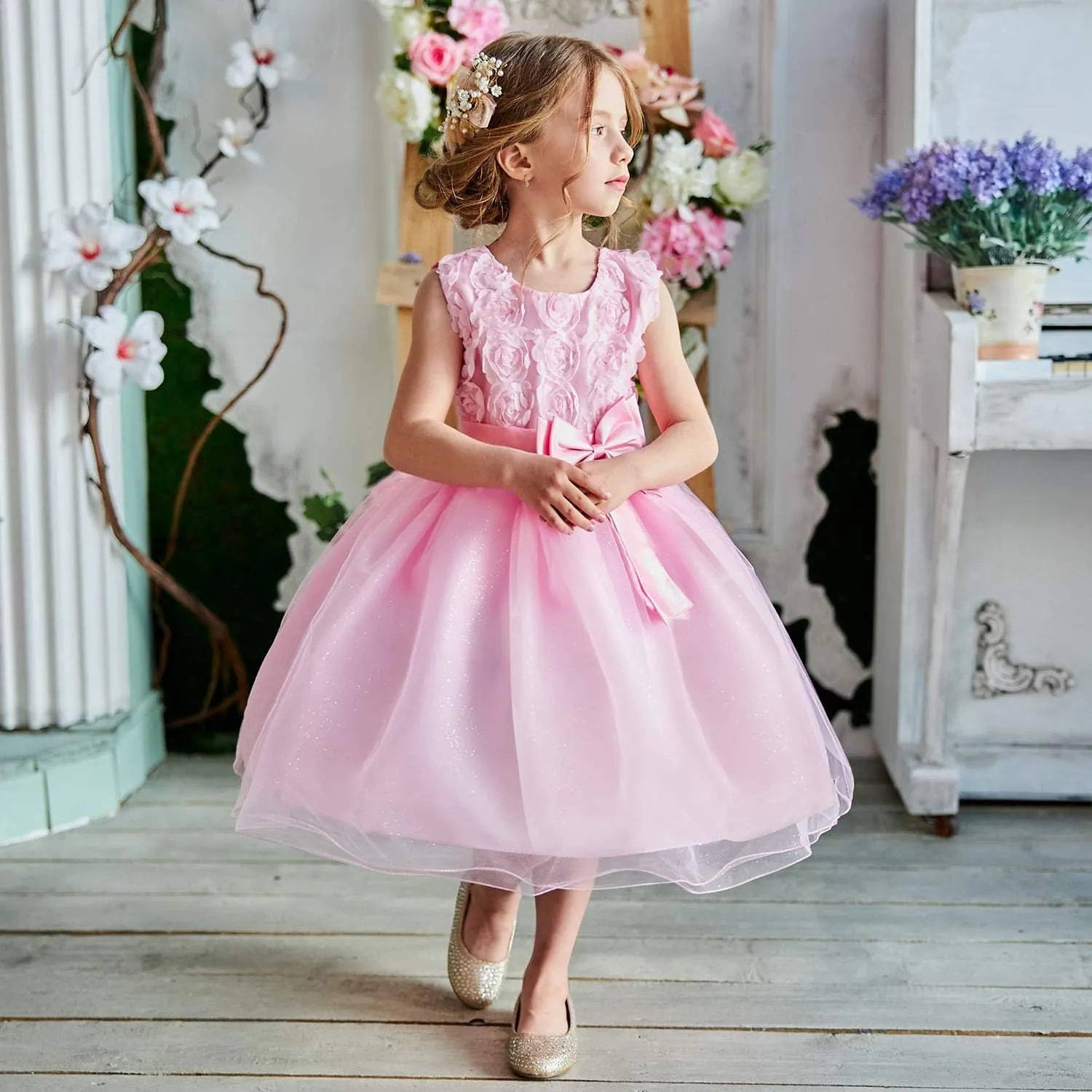 NNJXD Girl Sleeveless Lace 3D Flower Tutu Holiday Princess Dresses