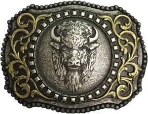 Nocona Belt Co. Men's Western Buffalo Head Buckle with Antique Gold Scrolls and Berry Edging (Antique Silver, 3" x4")