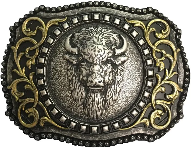 Nocona Belt Co. Men's Western Buffalo Head Buckle with Antique Gold Scrolls and Berry Edging (Antique Silver, 3" x4")