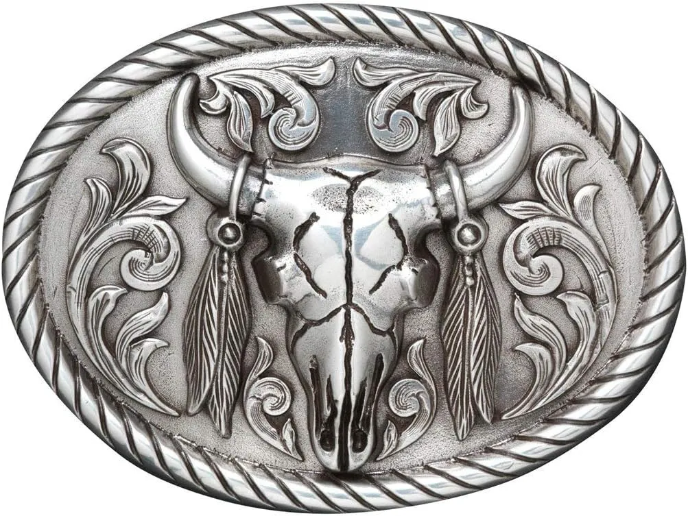 Nocona Men's Silver Oval Steer Skull Buckle with Rope Edge
