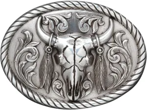 Nocona Men's Silver Oval Steer Skull Buckle with Rope Edge
