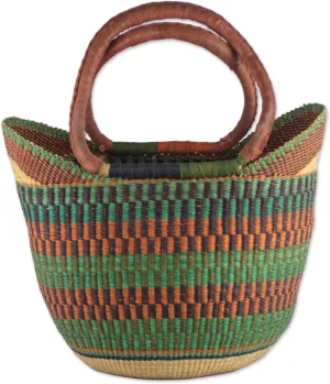 NOVICA Artisan Handmade Leather Accented Raffia Tote Bag Woven Natural Fiber with Strap Handbags Multicolor Patterned Materials Ghana ' Bolga Basket'