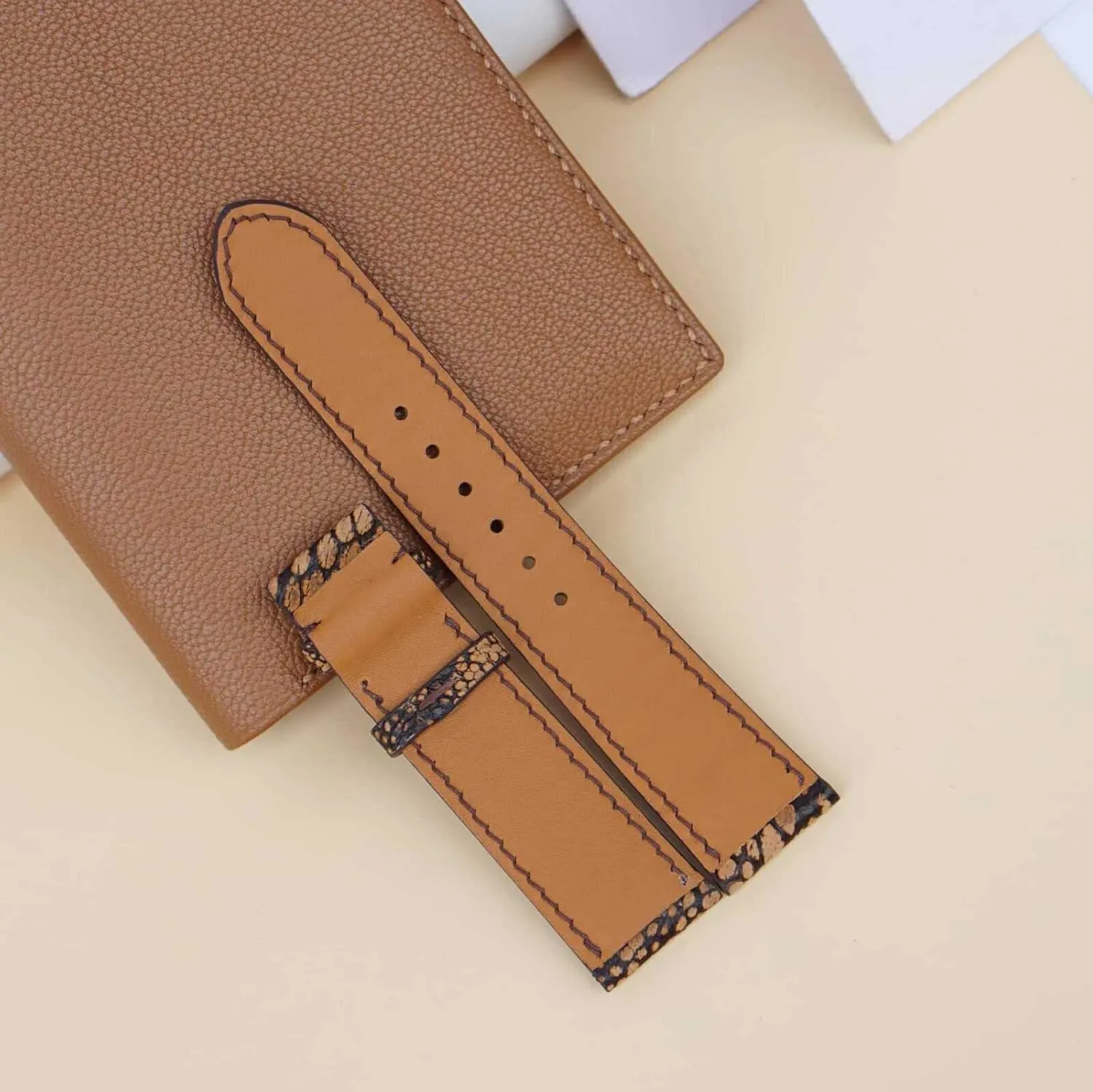 Nubuck Ostrich leather watch band, Premium Brown Ostrich watch strap (22mm, Steel Tang Buckle)