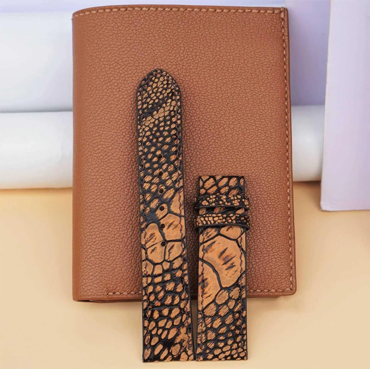 Nubuck Ostrich leather watch band, Premium Brown Ostrich watch strap (22mm, Steel Tang Buckle)