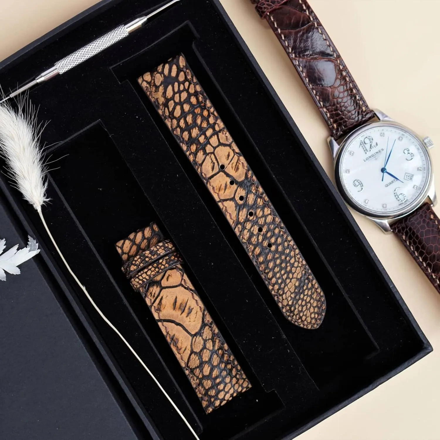 Nubuck Ostrich leather watch band, Premium Brown Ostrich watch strap (22mm, Steel Tang Buckle)