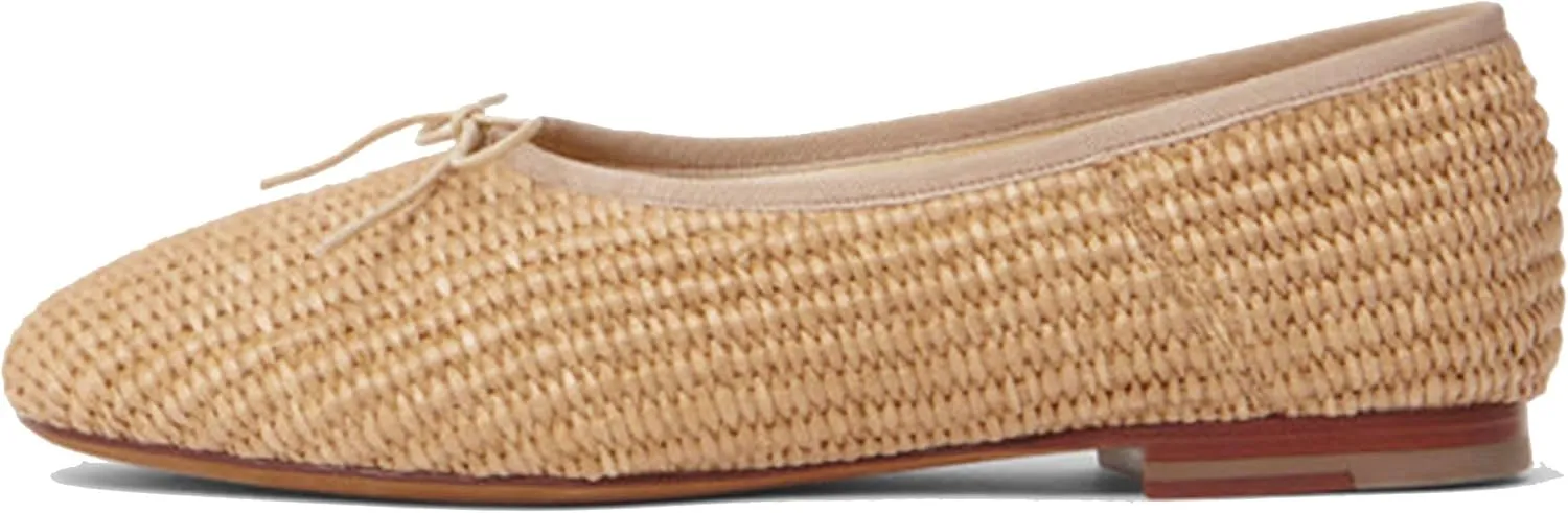 Nude Ballet Flats Shoes for Women Cute Bows with Comfortable Round Toe Elegance Stylish Low Stacked Heel Natural Raffia Woven Design for Casual Wear Size 6
