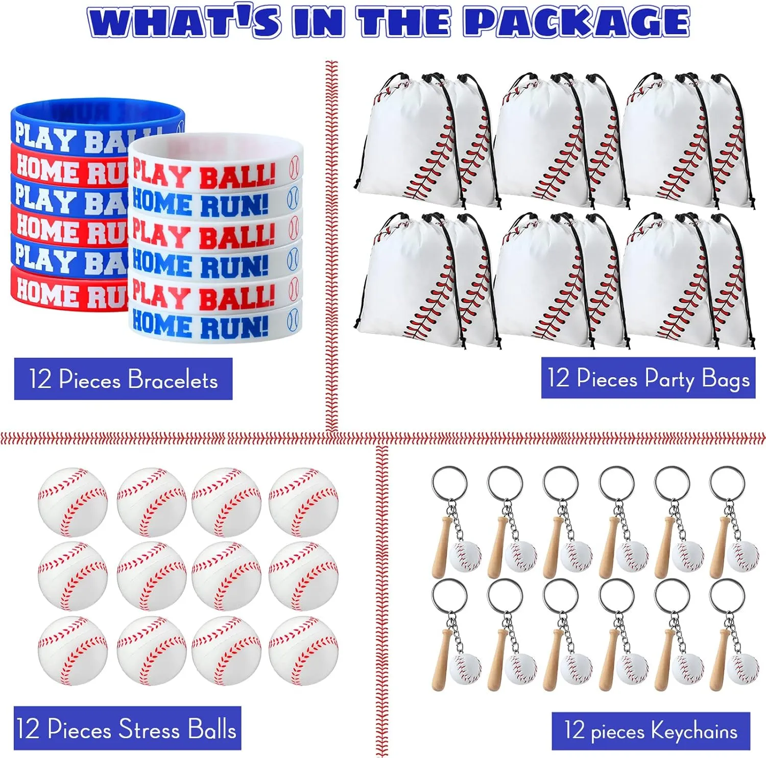 Nuogo 48 Pcs Baseball Party Favors Include Baseball Gift Bags, Bracelets, Stress Balls, Mini Keychain for Team Birthday Party Supplies, 12 of Each