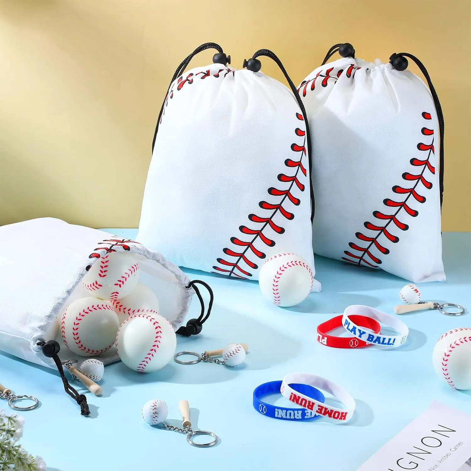 Nuogo 48 Pcs Baseball Party Favors Include Baseball Gift Bags, Bracelets, Stress Balls, Mini Keychain for Team Birthday Party Supplies, 12 of Each