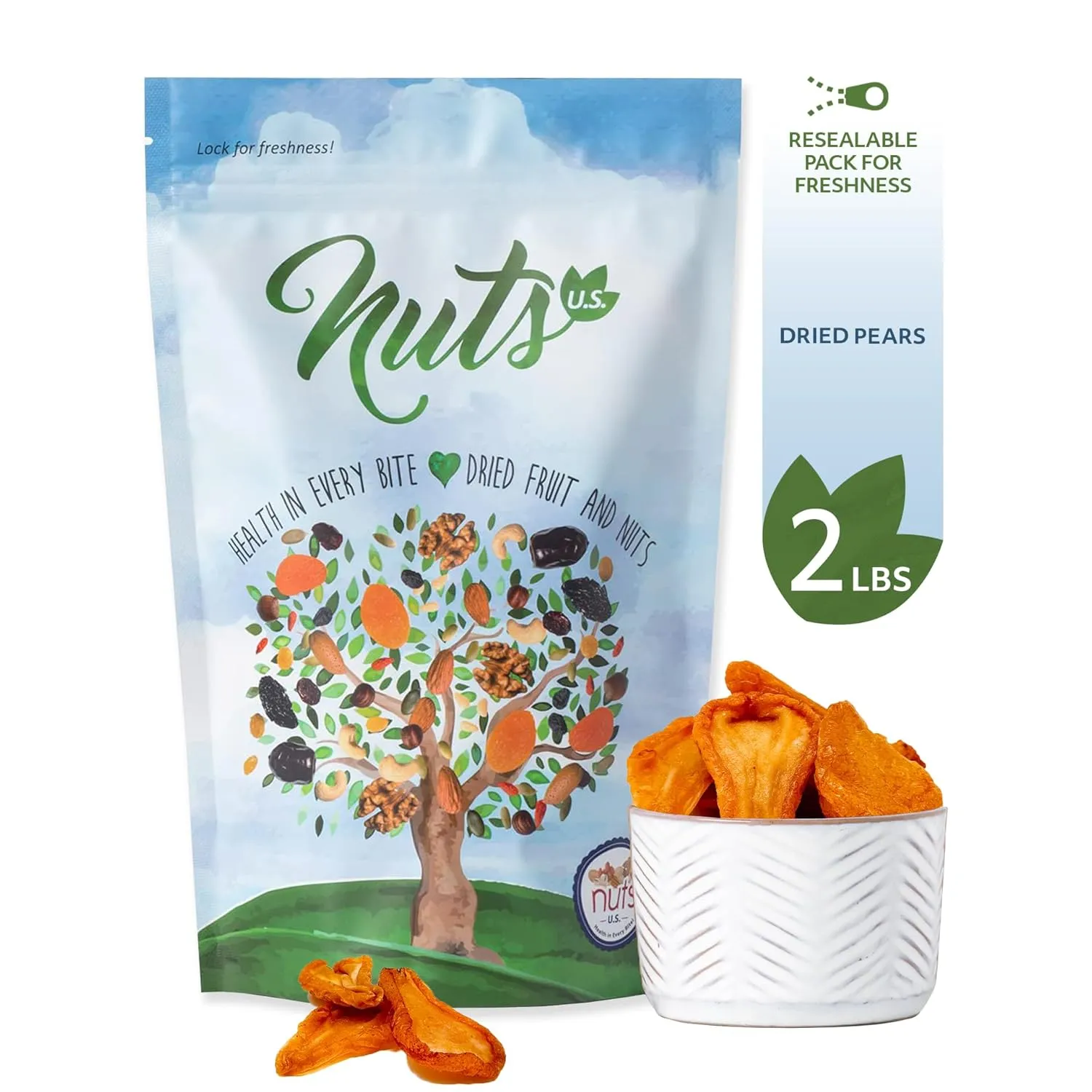 NUTS U.S. - Dried Pears I No Added Sugar I Fresh and Tasty I Non GMO and Gluten Free I Freshly Packed in Resealable Bags (2 LBS)