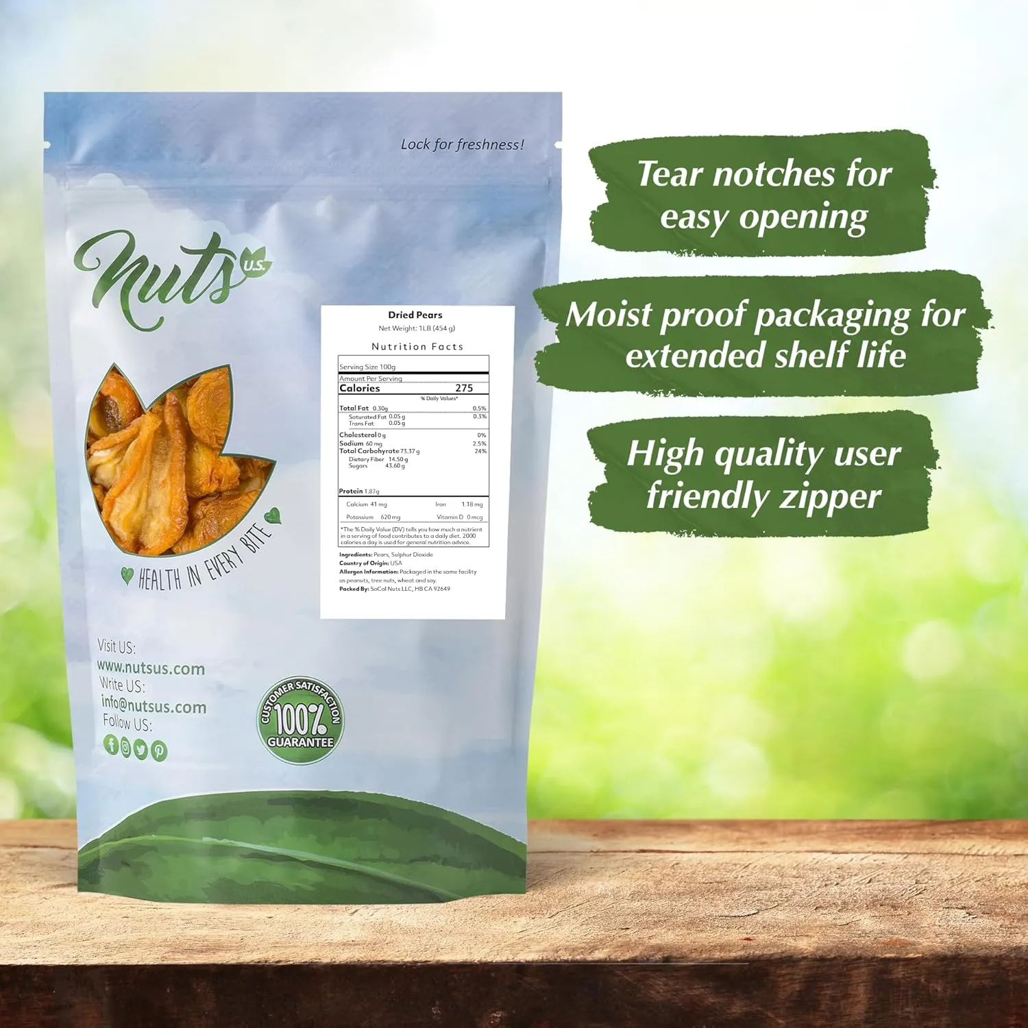 NUTS U.S. - Dried Pears I No Added Sugar I Fresh and Tasty I Non GMO and Gluten Free I Freshly Packed in Resealable Bags (2 LBS)