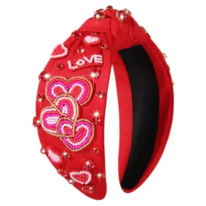 NVENF Hairband, Valentine's Day Headband for Women, Red Heart Headband, Jeweled Crystal Rhinestone Knotted Headband, Valentine's Day Hair Accessories Gifts