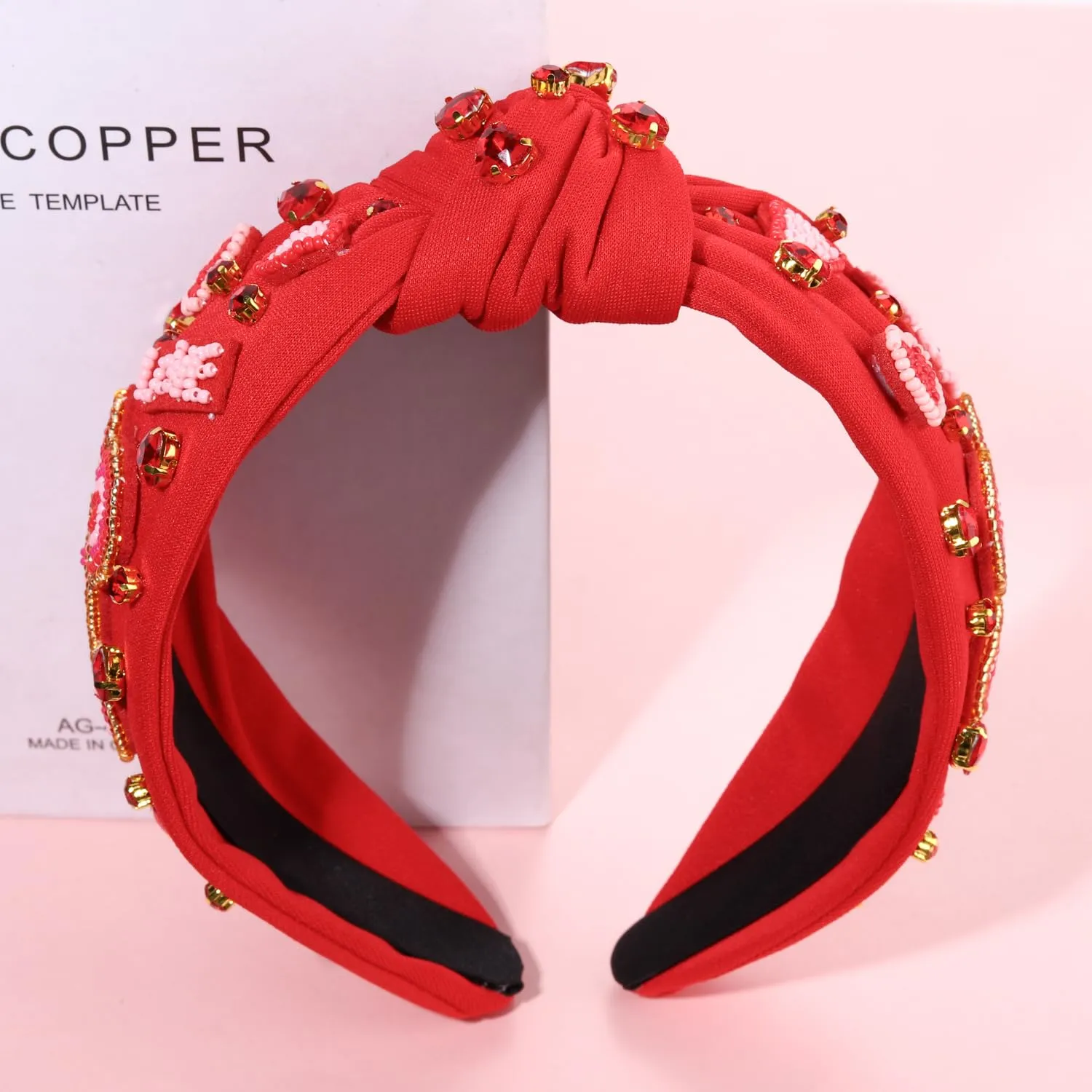NVENF Hairband, Valentine's Day Headband for Women, Red Heart Headband, Jeweled Crystal Rhinestone Knotted Headband, Valentine's Day Hair Accessories Gifts
