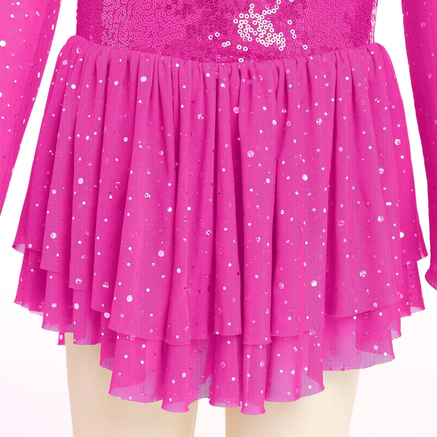 ODASDO Figure Skating Dress for Girls Mesh Long Sleeve Sparkly Sequin Skirted Leotard Ballet Outfit Dancewear