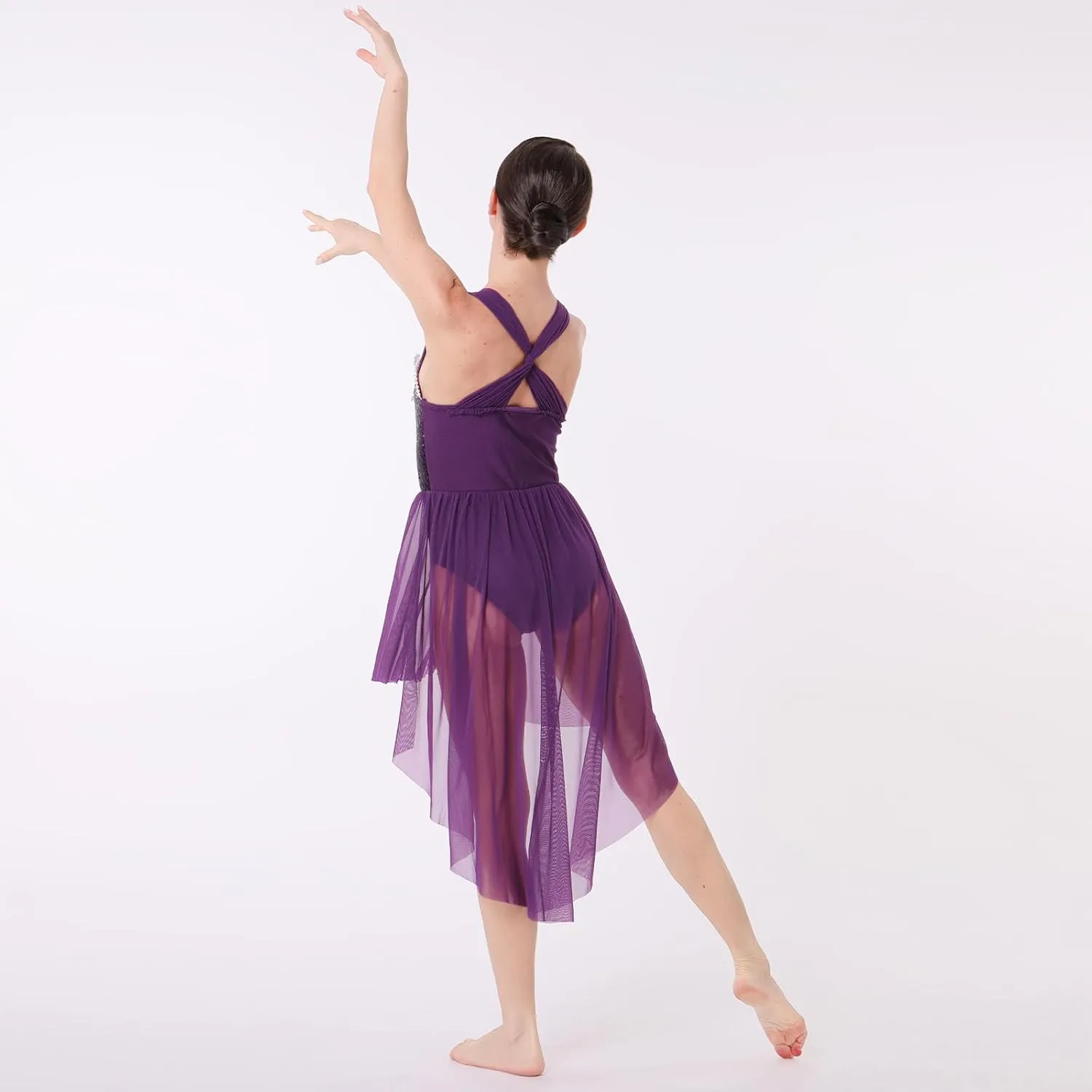 ODASDO Women Adult Lyrical Dance Dress Modern Contemporary Costume Sequins Mesh Tulle High Low Skirt Ballet Dancewear