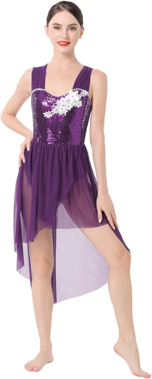 ODASDO Women Adult Lyrical Dance Dress Modern Contemporary Costume Sequins Mesh Tulle High Low Skirt Ballet Dancewear