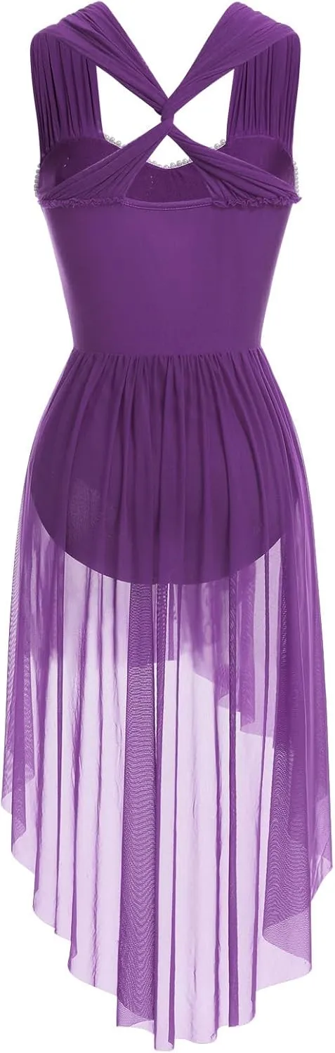 ODASDO Women Adult Lyrical Dance Dress Modern Contemporary Costume Sequins Mesh Tulle High Low Skirt Ballet Dancewear