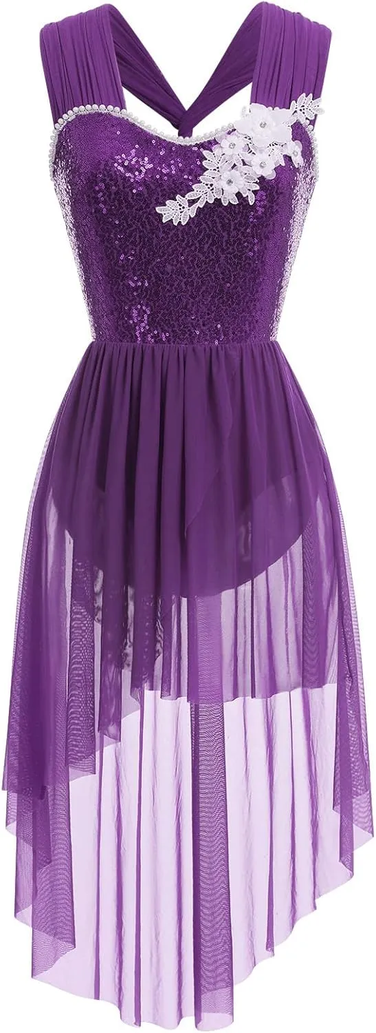ODASDO Women Adult Lyrical Dance Dress Modern Contemporary Costume Sequins Mesh Tulle High Low Skirt Ballet Dancewear