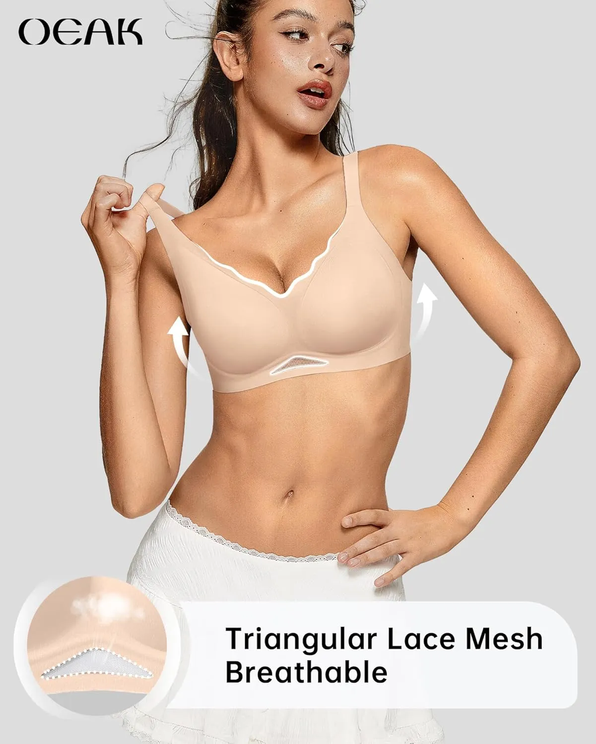 OEAK Womens Wireless Bras Scalloped Push Up Bralettes No Underwire Supportive Tshirt Bra Seamless Comfortable Everyday Bras