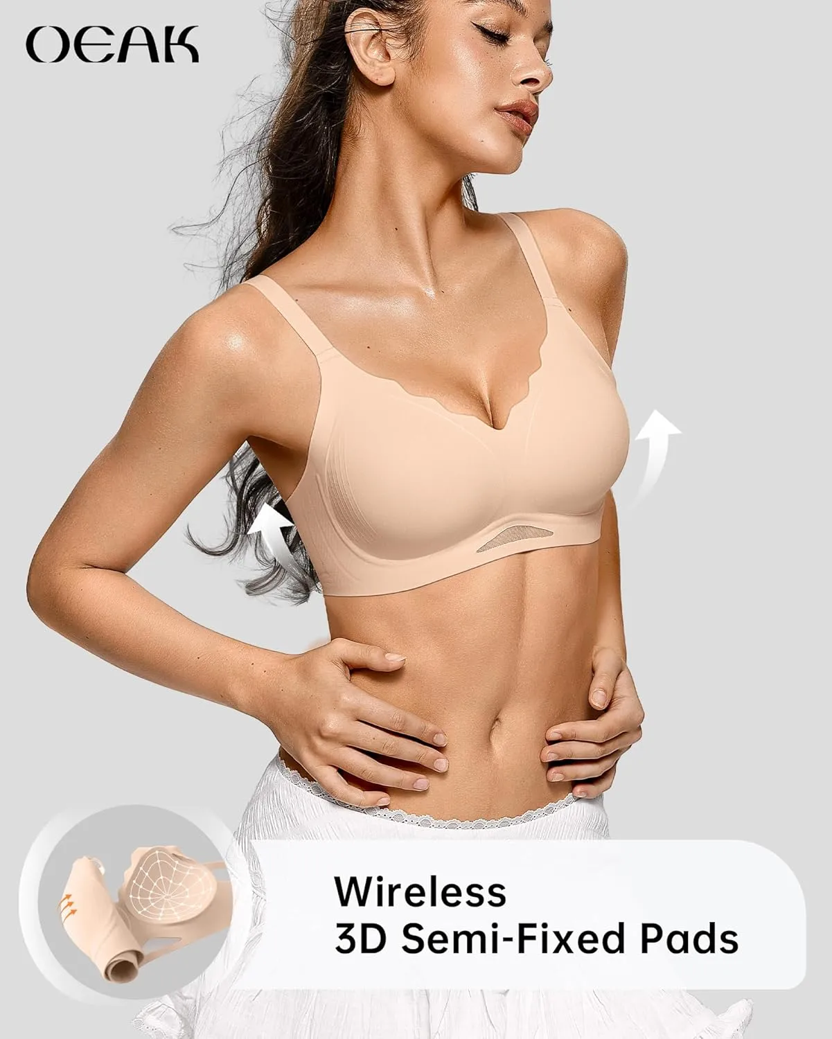 OEAK Womens Wireless Bras Scalloped Push Up Bralettes No Underwire Supportive Tshirt Bra Seamless Comfortable Everyday Bras