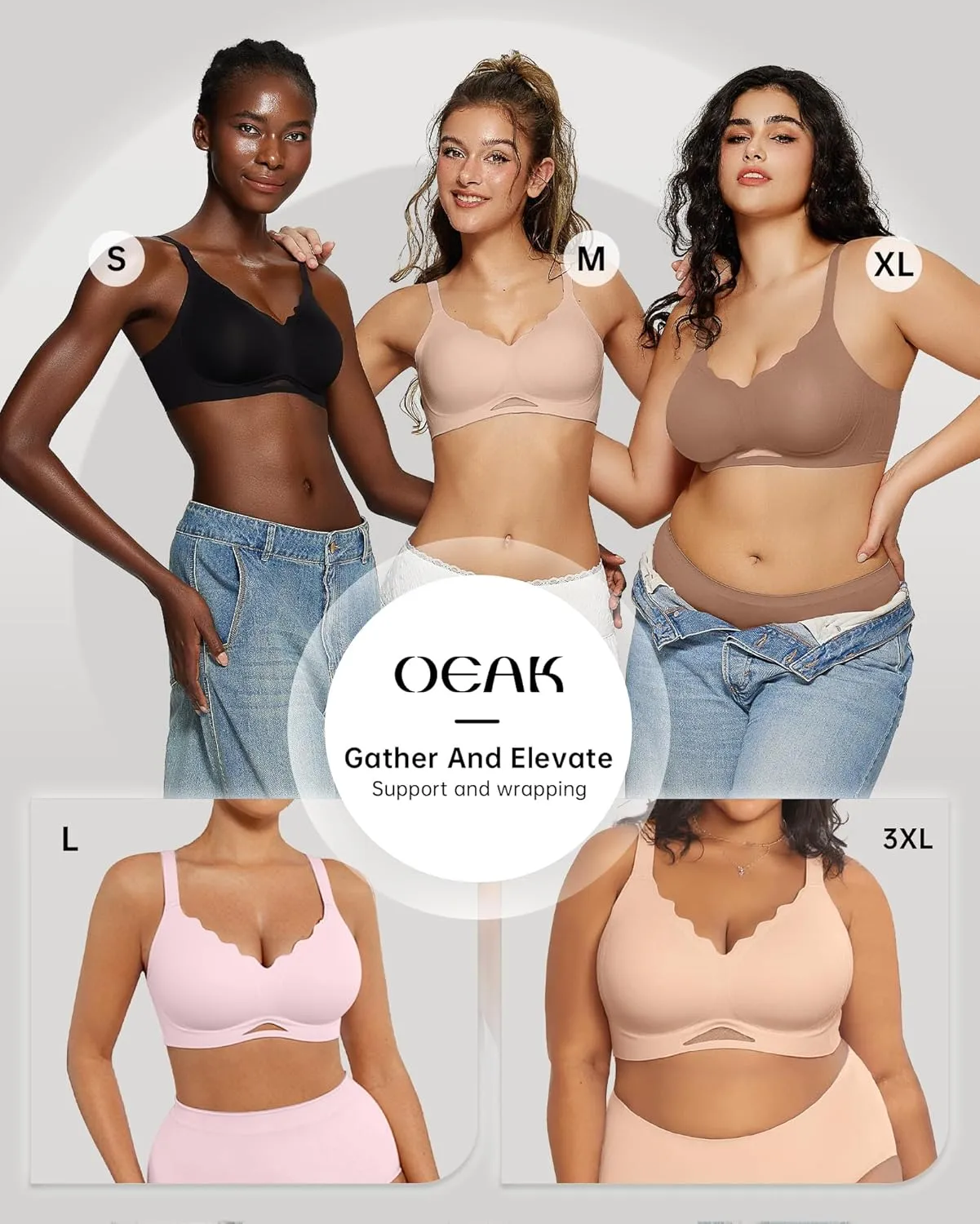OEAK Womens Wireless Bras Scalloped Push Up Bralettes No Underwire Supportive Tshirt Bra Seamless Comfortable Everyday Bras