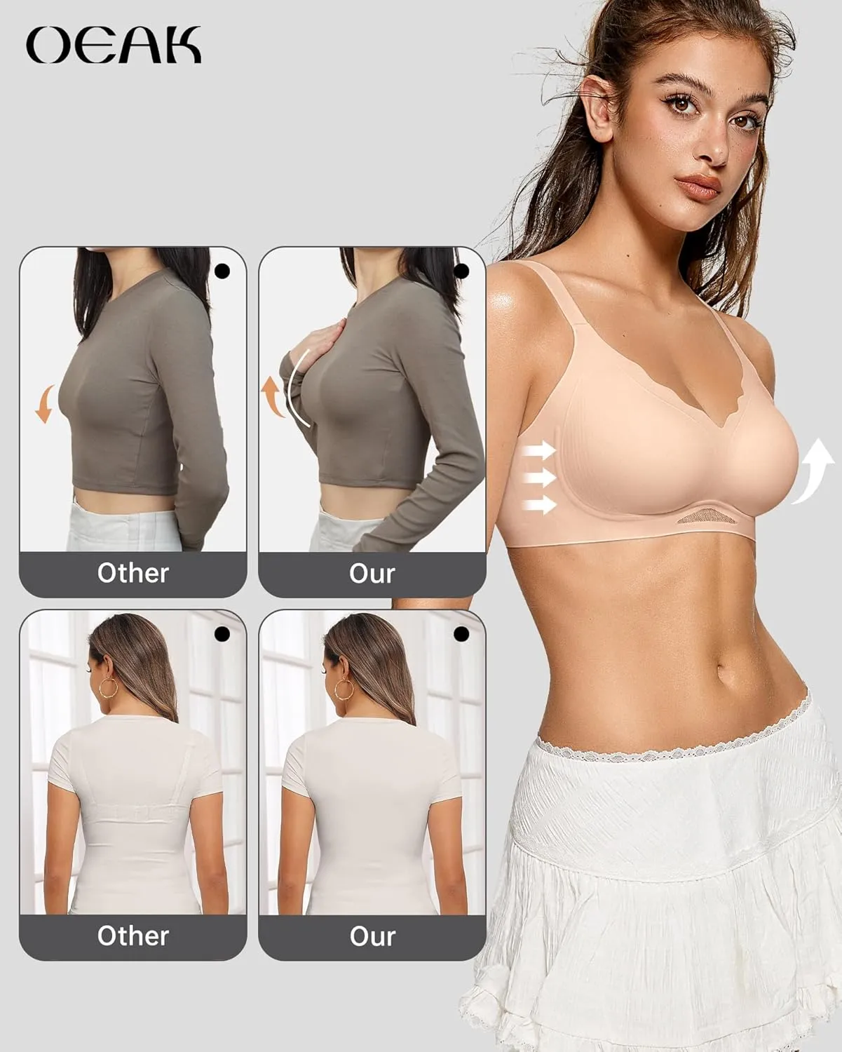 OEAK Womens Wireless Bras Scalloped Push Up Bralettes No Underwire Supportive Tshirt Bra Seamless Comfortable Everyday Bras