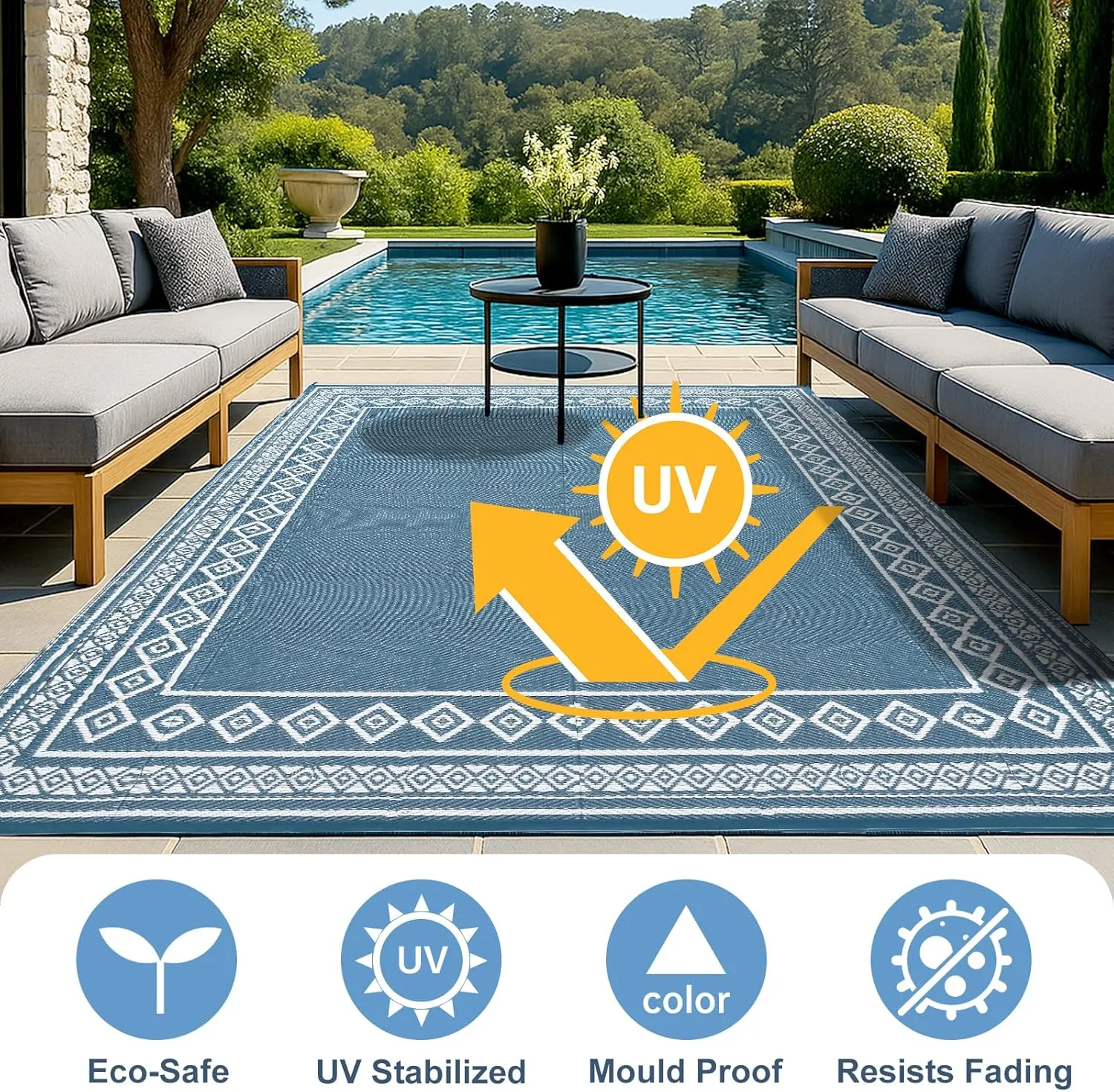 OPPODREAM Outdoor Rug 8x10 Patio Waterproof, Large Outdoor Plastic Straw Rug, Reversible Out Door Carpet for Camping, Deck, Rv, 8 x 10 Area Carpet for Balcony, Porch, Backyard, White & Navy Blue