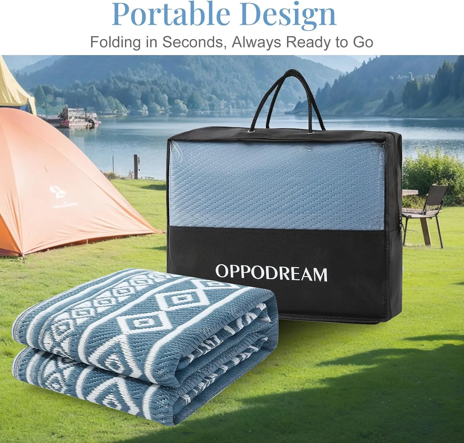 OPPODREAM Outdoor Rug 8x10 Patio Waterproof, Large Outdoor Plastic Straw Rug, Reversible Out Door Carpet for Camping, Deck, Rv, 8 x 10 Area Carpet for Balcony, Porch, Backyard, White & Navy Blue