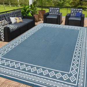 OPPODREAM Outdoor Rug 8x10 Patio Waterproof, Large Outdoor Plastic Straw Rug, Reversible Out Door Carpet for Camping, Deck, Rv, 8 x 10 Area Carpet for Balcony, Porch, Backyard, White & Navy Blue