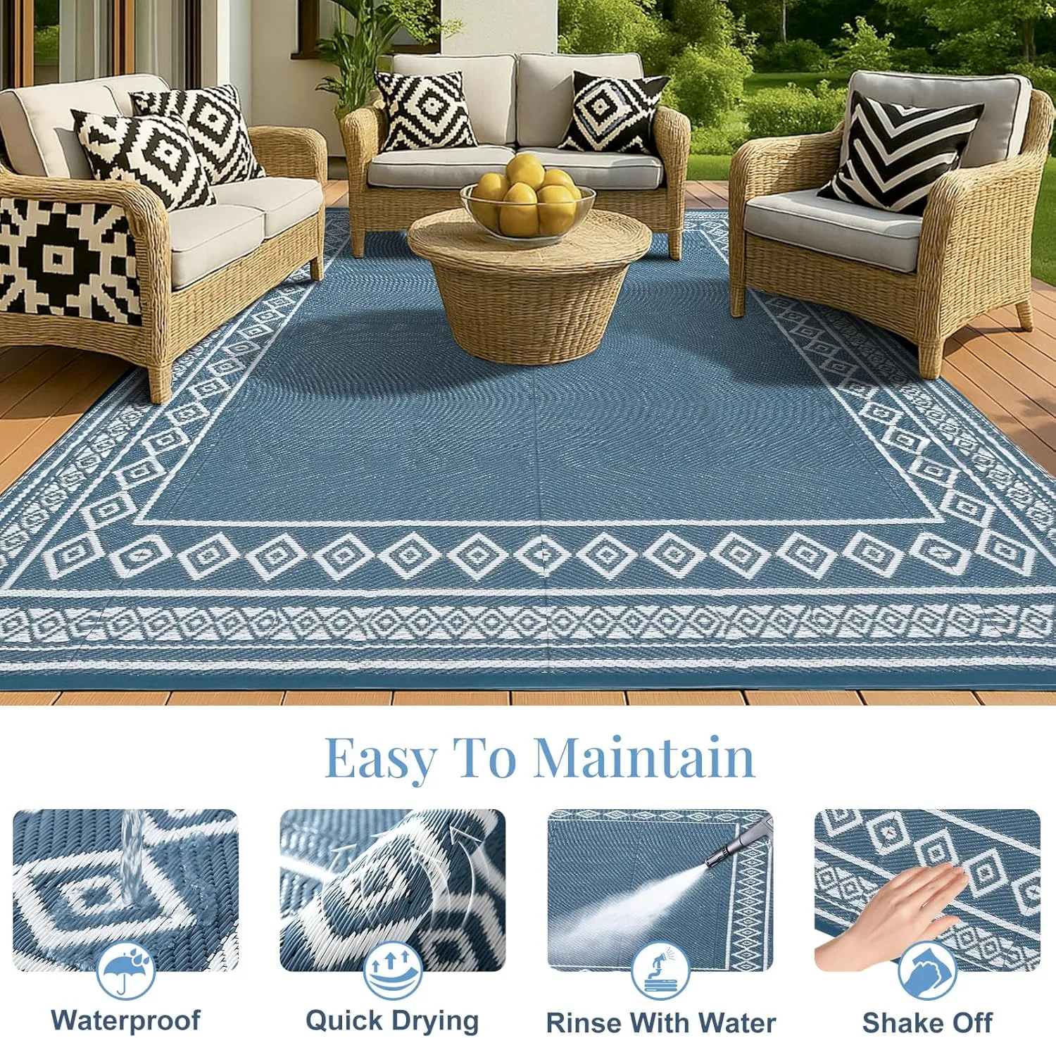 OPPODREAM Outdoor Rug 8x10 Patio Waterproof, Large Outdoor Plastic Straw Rug, Reversible Out Door Carpet for Camping, Deck, Rv, 8 x 10 Area Carpet for Balcony, Porch, Backyard, White & Navy Blue