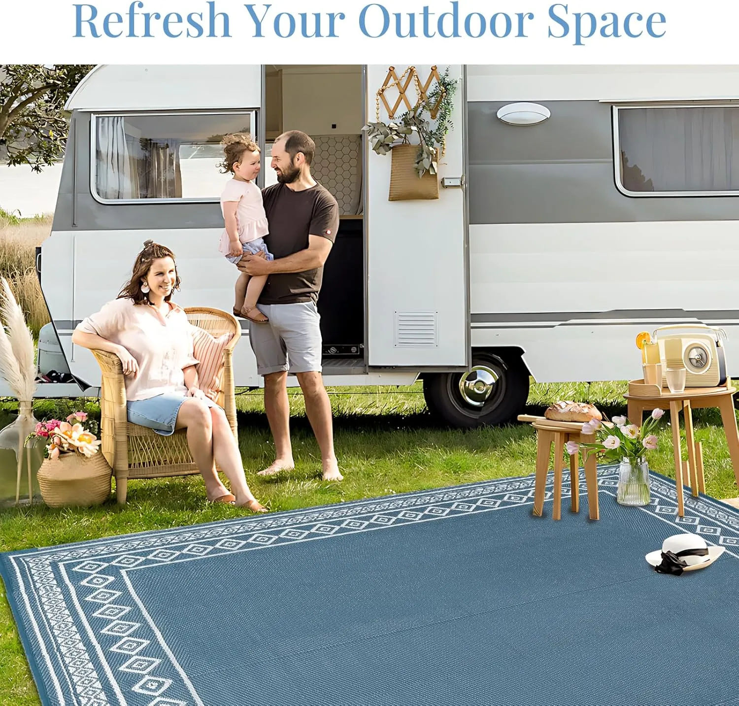 OPPODREAM Outdoor Rug 8x10 Patio Waterproof, Large Outdoor Plastic Straw Rug, Reversible Out Door Carpet for Camping, Deck, Rv, 8 x 10 Area Carpet for Balcony, Porch, Backyard, White & Navy Blue