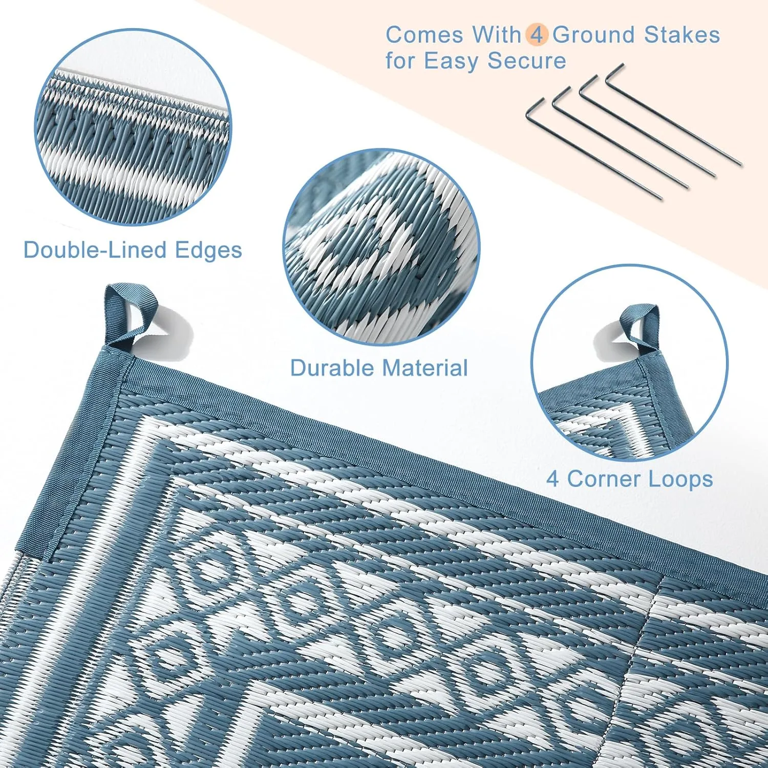 OPPODREAM Outdoor Rug 8x10 Patio Waterproof, Large Outdoor Plastic Straw Rug, Reversible Out Door Carpet for Camping, Deck, Rv, 8 x 10 Area Carpet for Balcony, Porch, Backyard, White & Navy Blue