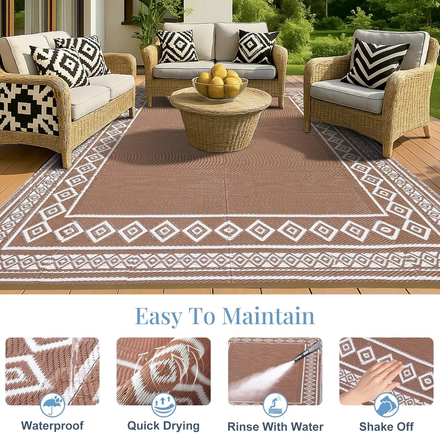 OPPODREAM Outdoor Rug 9x12 Patio Waterproof, Large Outdoor Plastic Straw Rug, Reversible Out Door Carpet for Camping, Deck, Rv, 9 x 12 Area Carpet for Balcony, Porch, Backyard, White & Brown
