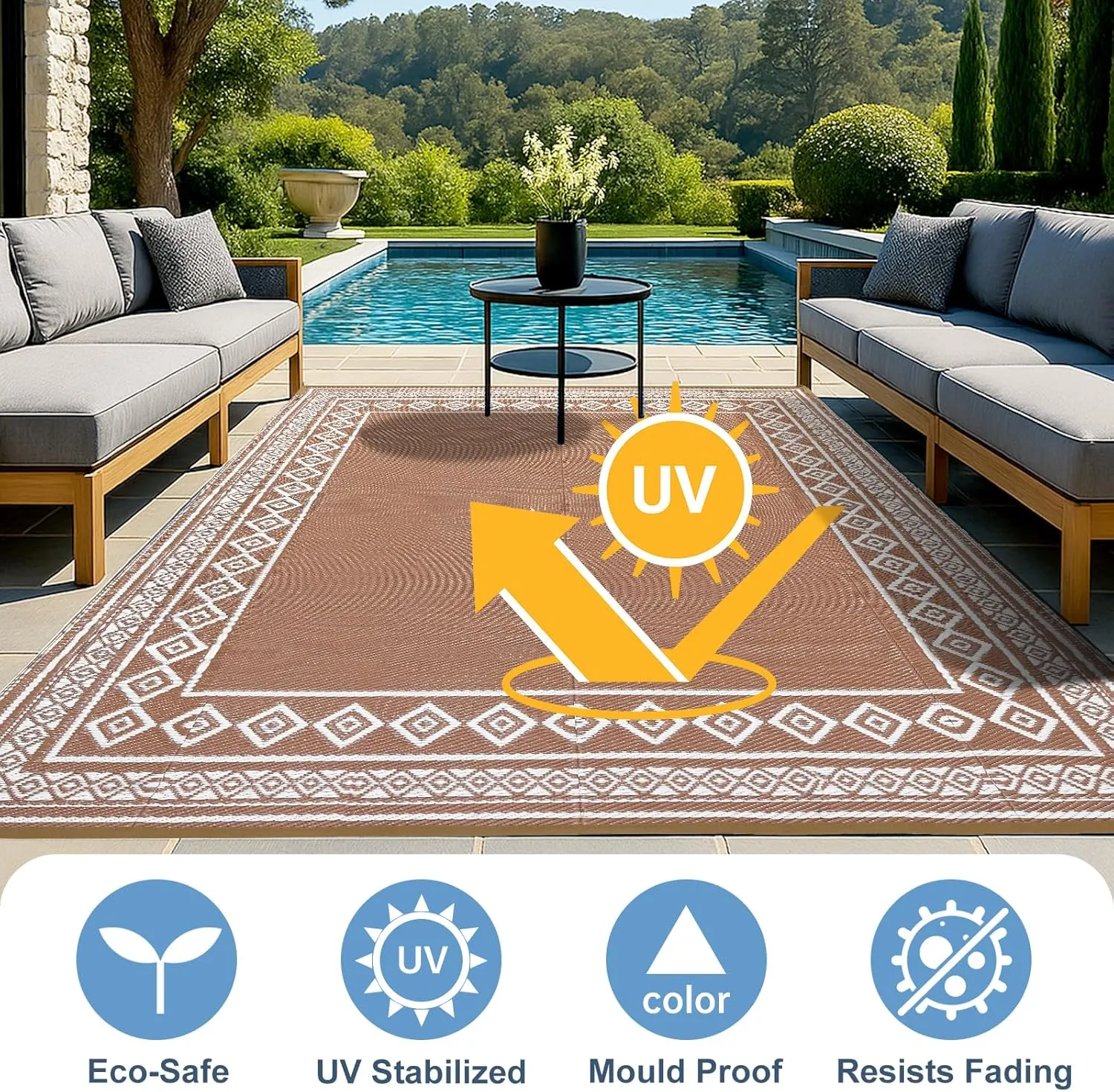 OPPODREAM Outdoor Rug 9x12 Patio Waterproof, Large Outdoor Plastic Straw Rug, Reversible Out Door Carpet for Camping, Deck, Rv, 9 x 12 Area Carpet for Balcony, Porch, Backyard, White & Brown