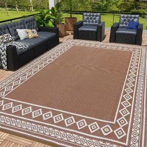 OPPODREAM Outdoor Rug 9x12 Patio Waterproof, Large Outdoor Plastic Straw Rug, Reversible Out Door Carpet for Camping, Deck, Rv, 9 x 12 Area Carpet for Balcony, Porch, Backyard, White & Brown