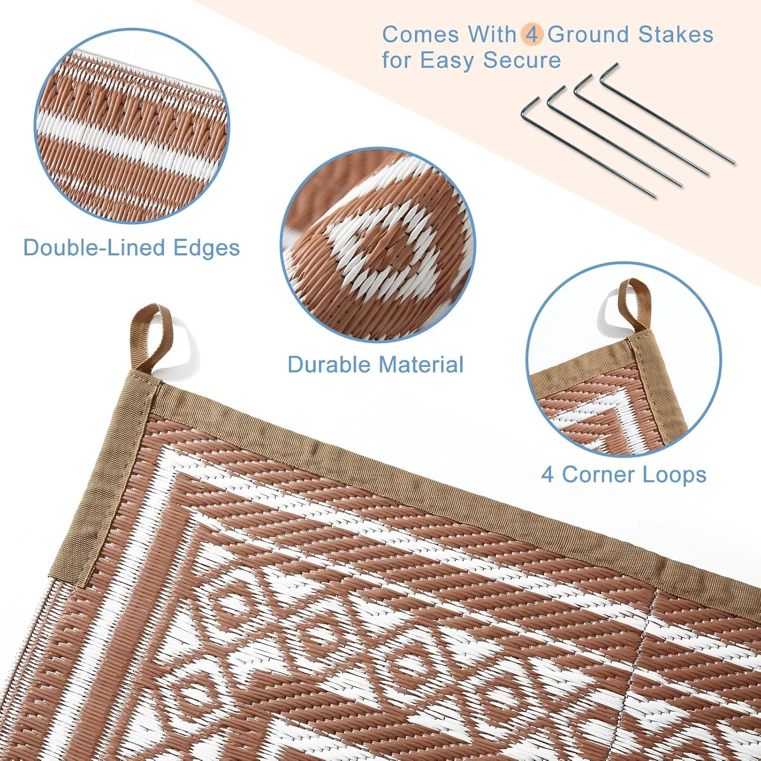 OPPODREAM Outdoor Rug 9x12 Patio Waterproof, Large Outdoor Plastic Straw Rug, Reversible Out Door Carpet for Camping, Deck, Rv, 9 x 12 Area Carpet for Balcony, Porch, Backyard, White & Brown
