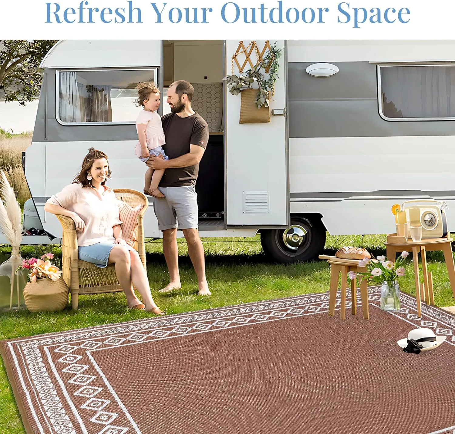 OPPODREAM Outdoor Rug 9x12 Patio Waterproof, Large Outdoor Plastic Straw Rug, Reversible Out Door Carpet for Camping, Deck, Rv, 9 x 12 Area Carpet for Balcony, Porch, Backyard, White & Brown