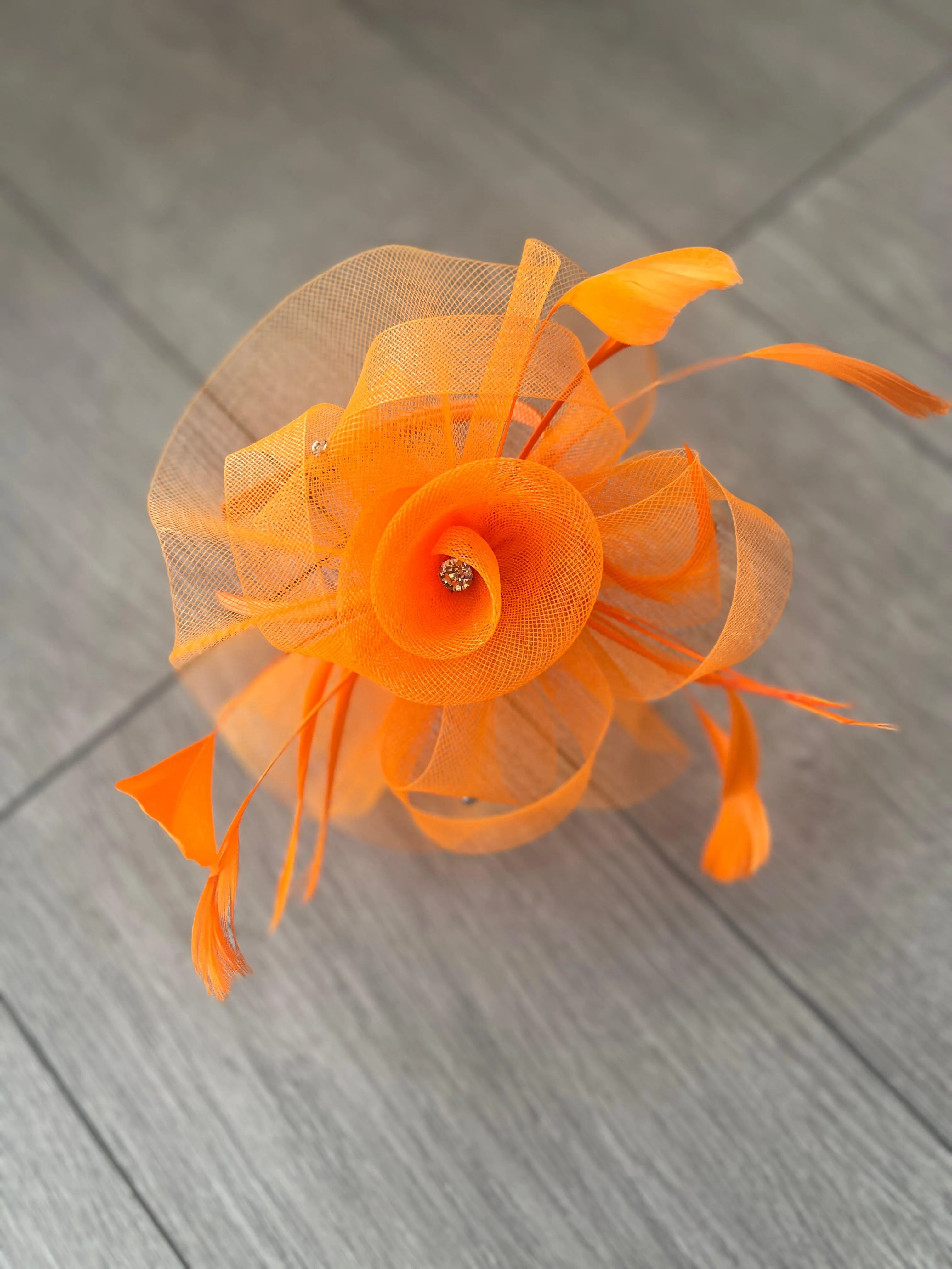 Orange Diamante Flower Fascinator With Feathers