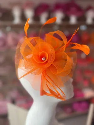 Orange Diamante Flower Fascinator With Feathers