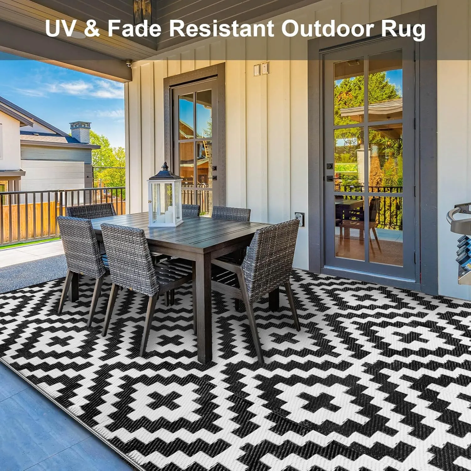 Outdoor Patio Plastic Straw Rug - 8'x10' Outdoor Camping Rug Waterproof Reversible, Area Carpet Patios Clearance RV, Outside Porch Balcony Deck for Camper, Black & White