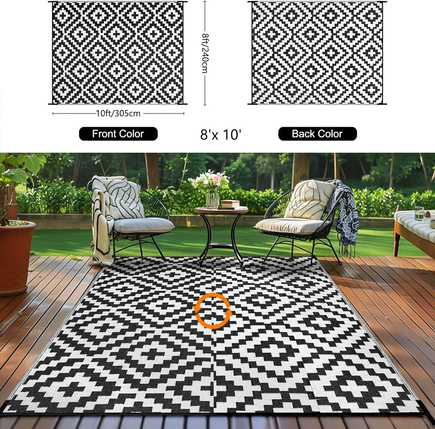 Outdoor Patio Plastic Straw Rug - 8'x10' Outdoor Camping Rug Waterproof Reversible, Area Carpet Patios Clearance RV, Outside Porch Balcony Deck for Camper, Black & White