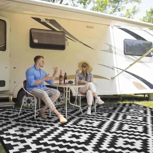 Outdoor Patio Plastic Straw Rug - 8'x10' Outdoor Camping Rug Waterproof Reversible, Area Carpet Patios Clearance RV, Outside Porch Balcony Deck for Camper, Black & White
