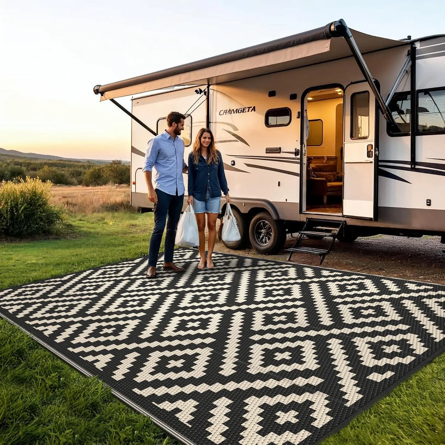 Outdoor Rug for Patio - Waterproof Plastic Straw Camping Rugs 4x6 ft, Reversible Outdoor Indoor RV Mat Carpet for Patio, Porch, Deck, Balcony, Picnic, Beach, Black Beige