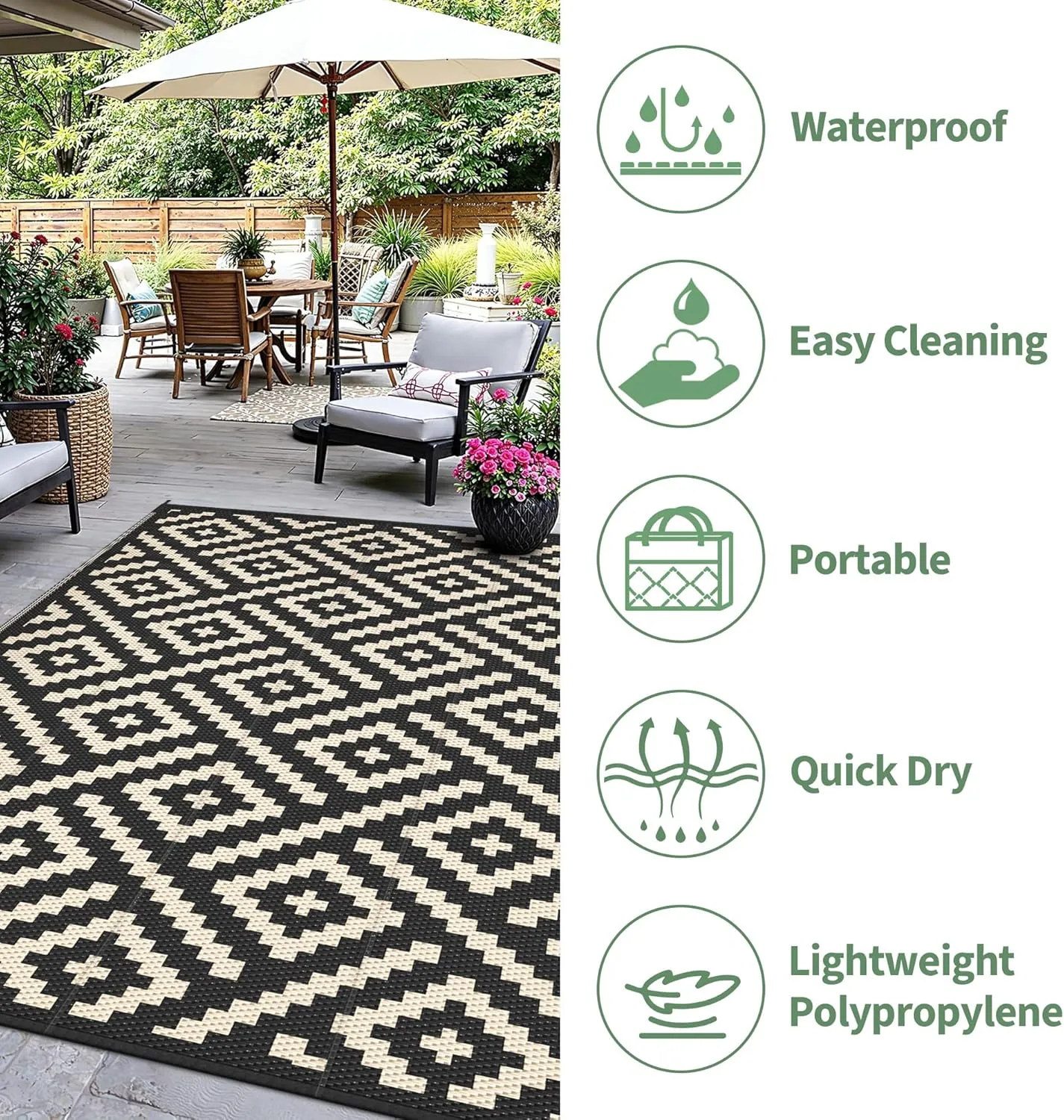 Outdoor Rug for Patio - Waterproof Plastic Straw Camping Rugs 4x6 ft, Reversible Outdoor Indoor RV Mat Carpet for Patio, Porch, Deck, Balcony, Picnic, Beach, Black Beige
