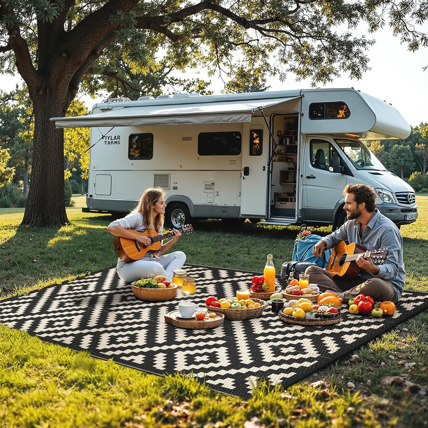 Outdoor Rug for Patio - Waterproof Plastic Straw Camping Rugs 4x6 ft, Reversible Outdoor Indoor RV Mat Carpet for Patio, Porch, Deck, Balcony, Picnic, Beach, Black Beige
